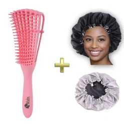 Afabs® Roze Anti-klit Haarborstel + Zwarte satijnen slaapmuts | Detangler brush | Detangling brush | Satin cap / Hair bonnet / Satijnen nachtmuts / Satin bonnet | Kam voor Krullen | Kroes haar borstel