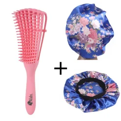 Afabs® Roze Anti-klit Haarborstel + Blauwe bloemen satijnen slaapmuts | Detangler brush | Detangling brush | Satin cap / Hair bonnet / Satijnen nachtmuts / Satin bonnet | Kam voor Krullen | Kroes haar borstel