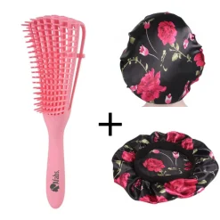 Afabs® Roze Anti-klit Haarborstel + Zwarte bloemen satijnen slaapmuts | Detangler brush | Detangling brush | Satin cap / Hair bonnet / Satijnen nachtmuts / Satin bonnet | Kam voor Krullen | Kroes haar borstel