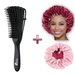 Afabs® Zwarte Anti-klit Haarborstel + Rode satijnen slaapmuts | Detangler brush | Detangling brush | Satin cap / Hair bonnet / Satijnen nachtmuts / Satin bonnet | Kam voor Krullen | Kroes haar borstel