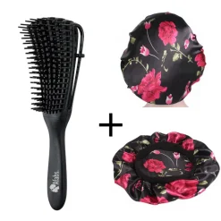 Afabs® Zwarte Anti-klit Haarborstel + Zwarte bloemen satijnen slaapmuts | Detangler brush | Detangling brush | Satin cap / Hair bonnet / Satijnen nachtmuts / Satin bonnet | Kam voor Krullen | Kroes haar borstel