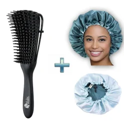 Afabs® Zwarte Anti-klit Haarborstel + Groene satijnen slaapmuts | Detangler brush | Detangling brush | Satin cap / Hair bonnet / Satijnen nachtmuts / Satin bonnet | Kam voor Krullen | Kroes haar borstel