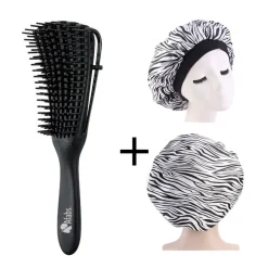 Afabs® Zwarte Anti-klit Haarborstel + Witte tijger print satijnen slaapmuts | Detangler brush | Detangling brush | Satin cap / Hair bonnet / Satijnen nachtmuts / Satin bonnet | Kam voor Krullen | Kroes haar borstel
