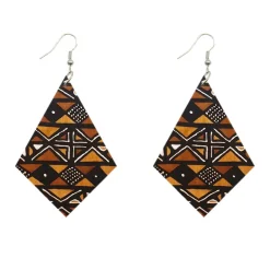 African Print Earrings | Ruitvormig bruin wooden earrings