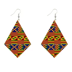 African Print Earrings | Ruitvormig Kente print wooden earrings
