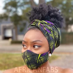African print Mouth mask / Face mask made of Vlisco fabric (Premium model) Unisex - Green Purple butterflies