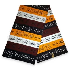 Afrikaanse Donkerbruin / Geel Bogolan Symbols / Mud cloth print stof - Traditioneel uit Mali 100% katoen