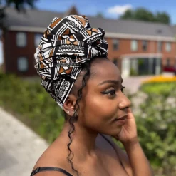 Afrikaanse Donkerbruin & Wit Bogolan Symbols hoofddoek - headwrap