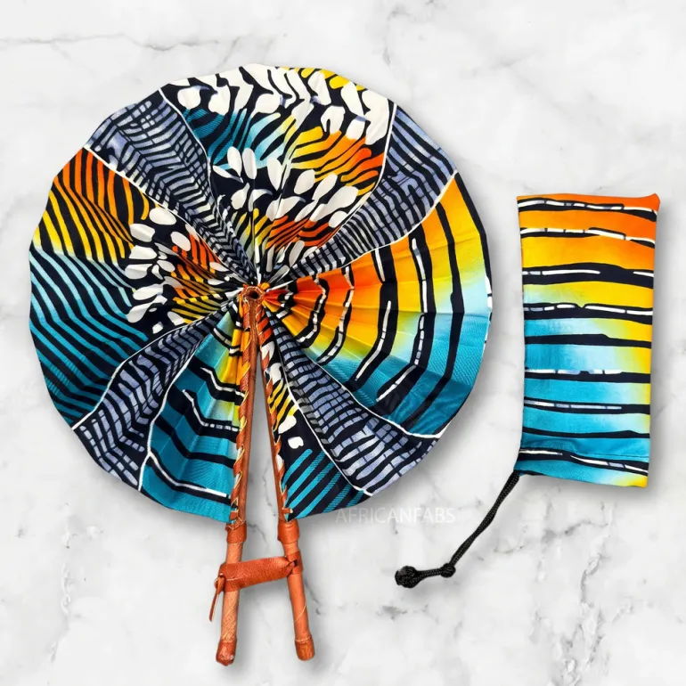 Afrikaanse handwaaier - Ankara print waaier - Turkoois Zwart Titilayo
