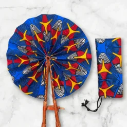 Afrikaanse handwaaier - Ankara print waaier - Blauw Rood Olamide