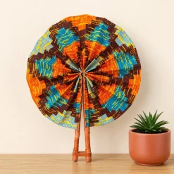 Afrikaanse handwaaier - Ankara print waaier - Bruin Oranje Enitan