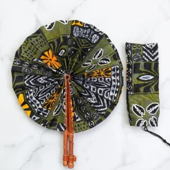 Afrikaanse handwaaier - Ankara print waaier - Olijfgroen Zwart Eniola