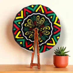 Afrikaanse handwaaier - Ankara print waaier - Zwart Geel Aderonke