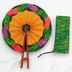 Afrikaanse handwaaier - Ankara print waaier - Oranje Groen Akuffo