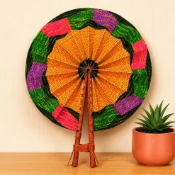 Afrikaanse handwaaier - Ankara print waaier - Oranje Groen Akuffo