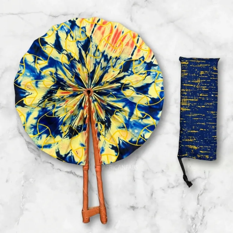 Afrikaanse handwaaier - Ankara print waaier - Blauw Geel Yewande