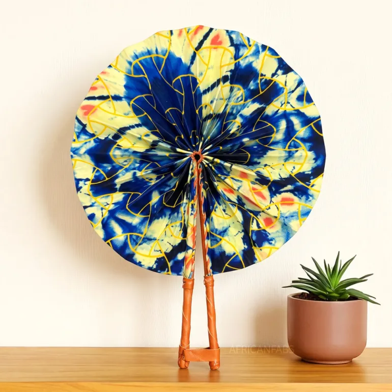 Afrikaanse handwaaier - Ankara print waaier - Blauw Geel Yewande