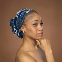 Afrikaanse hoofddoek Blauw Bogolan Mosaic - headwrap