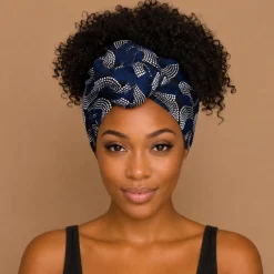 Afrikaanse hoofddoek Blauw Wit Wave Patterns - headwrap