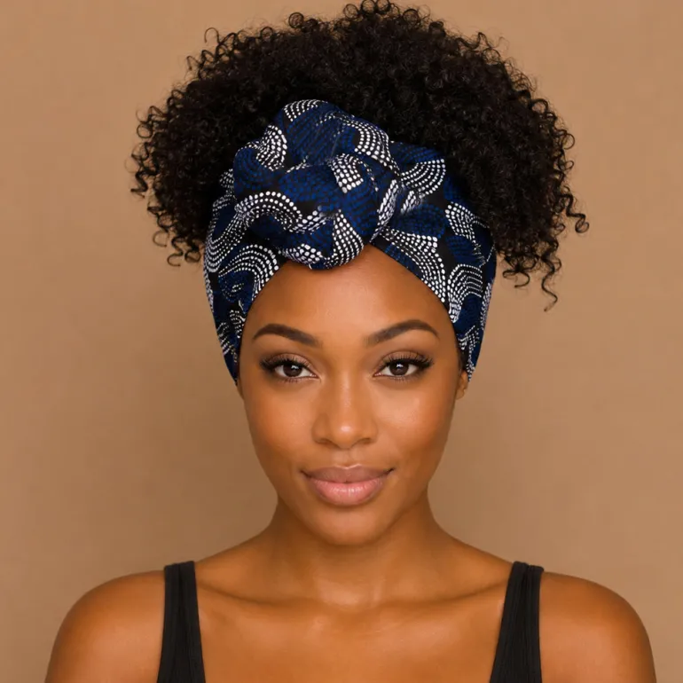 Afrikaanse hoofddoek Blauw Wit Wave Patterns - headwrap