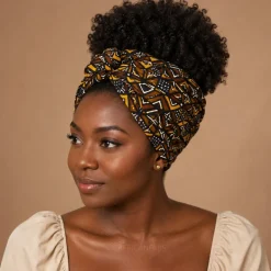 Afrikaanse hoofddoek Bruin Bogolan Geometry - headwrap