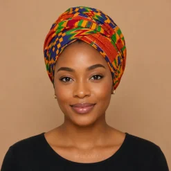 Afrikaanse hoofddoek Geel Blauw Kente Print Ghana - headwrap