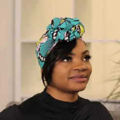 Afrikaanse hoofddoek / headwrap - Turquoise roze bloemen