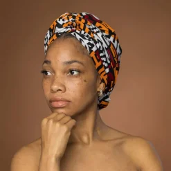 Afrikaanse hoofddoek KastanjeBruin Geel Kuba Blocks Congo - headwrap