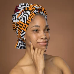Afrikaanse hoofddoek KastanjeBruin Geel Kuba Blocks Congo - headwrap
