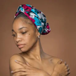 Afrikaanse hoofddoek Roze Petrol Flowers - headwrap