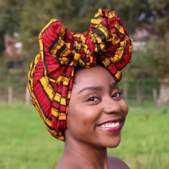 Afrikaanse hoofddoek / Vlisco headwrap - Rood / gele sugar cane