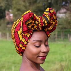 Afrikaanse hoofddoek / Vlisco headwrap - Rood / gele sugar cane