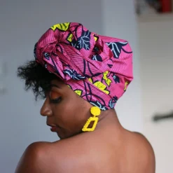 Afrikaanse hoofddoek / Vlisco headwrap - Roze / gele flower trail