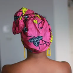 Afrikaanse hoofddoek / Vlisco headwrap - Roze / gele flower trail