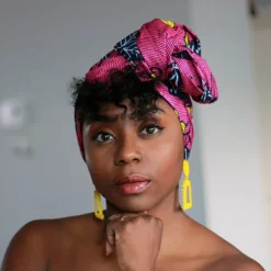 Afrikaanse hoofddoek / Vlisco headwrap - Roze / gele flower trail