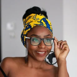 Afrikaanse hoofddoek / Vlisco headwrap - Geel / Blauwe leaftrail
