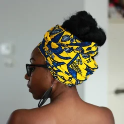 Afrikaanse hoofddoek / Vlisco headwrap - Geel / Blauwe leaftrail