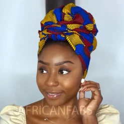 Afrikaanse hoofddoek / Vlisco headwrap - Rood / Blauw / Gele Santana