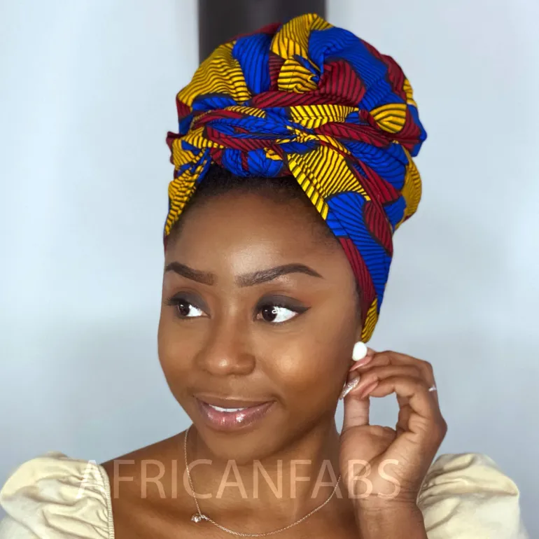 Afrikaanse hoofddoek / Vlisco headwrap - Rood / Blauw / Gele Santana