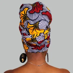 Afrikaanse hoofddoek / Vlisco headwrap - Wit / rode / gele trouwbloemen