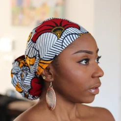 Afrikaanse hoofddoek / Vlisco headwrap - Wit / rode / gele trouwbloemen