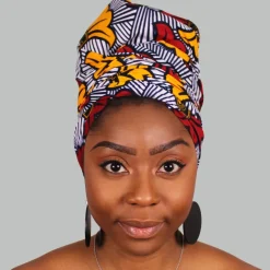Afrikaanse hoofddoek / Vlisco headwrap - Wit / rode / gele trouwbloemen
