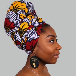 Afrikaanse hoofddoek / Vlisco headwrap - Wit / rode / gele trouwbloemen