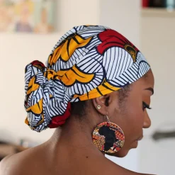 Afrikaanse hoofddoek / Vlisco headwrap - Wit / rode / gele trouwbloemen