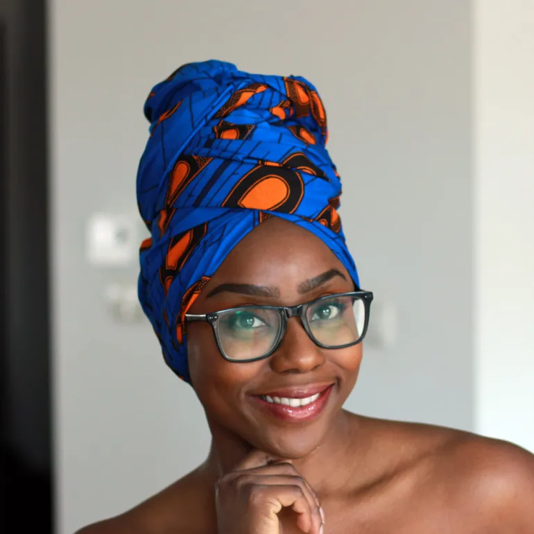 Afrikaanse hoofddoek / Vlisco headwrap - Blauw / Oranje electric bulb