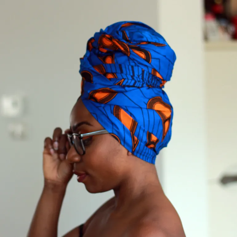 Afrikaanse hoofddoek / Vlisco headwrap - Blauw / Oranje electric bulb
