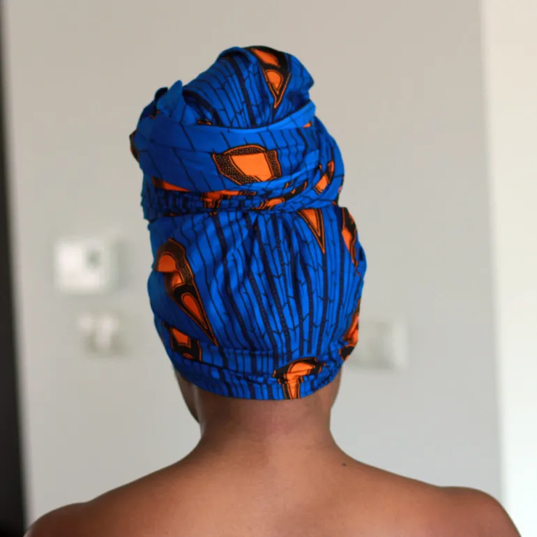Afrikaanse hoofddoek / Vlisco headwrap - Blauw / Oranje electric bulb