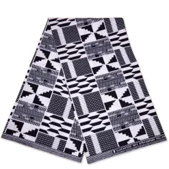 Afrikaanse Kente stof Zwart Witte kente print AF-4043 - 100% katoen