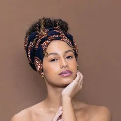 Afrikaanse Navyblauw Bruine paisley hoofddoek - headwrap