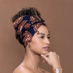 Afrikaanse Navyblauw Bruine paisley hoofddoek - headwrap